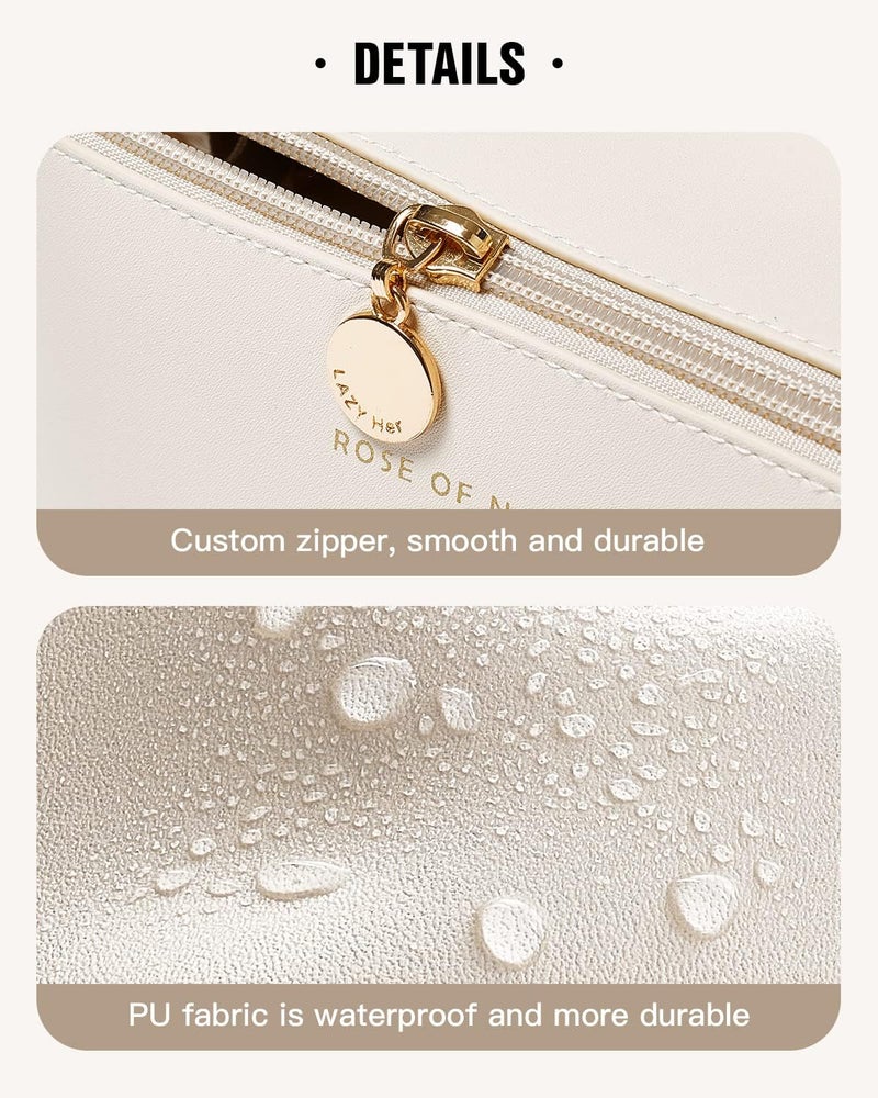 ABTRIX with AB Leather Travel Makeup Bag,Large Capacity Cosmetic Bags for Women, Waterproof Portable Pouch Open Flat Toiletry Bag Make Up Organizer with Divider and Handle, Multi Color (Cream) - Image 4