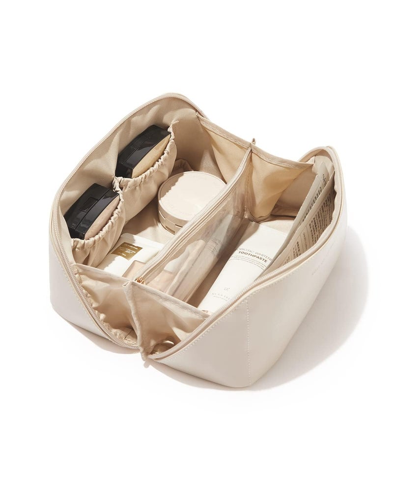 ABTRIX with AB Leather Travel Makeup Bag,Large Capacity Cosmetic Bags for Women, Waterproof Portable Pouch Open Flat Toiletry Bag Make Up Organizer with Divider and Handle, Multi Color (Cream) - Image 1