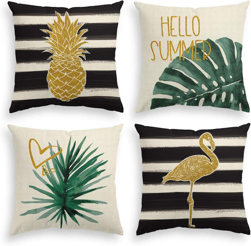 KASTWAVE Moisture proof Throw Pillow Cover, Watercolor Stripes Tropical Plants Throw Pillow Cover, Pineapple Flamingo Monstera Cushion Case for Sofa Couch Set of 4 (45 * 45 cm) Odor free color - Image 1