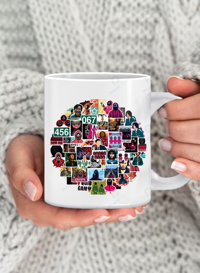 Squid toy print mug with multiple characters A tea and coffee mug with a comfortable handle in a wonderful multicolored print
