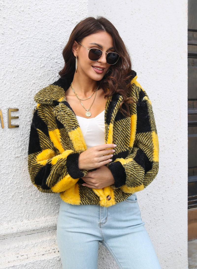 NIBEMINENT Plaid Double Sided Velvet Coat Women's Lantern Sleeve Loose Long Sleeve Coat Jacket  - Image 1
