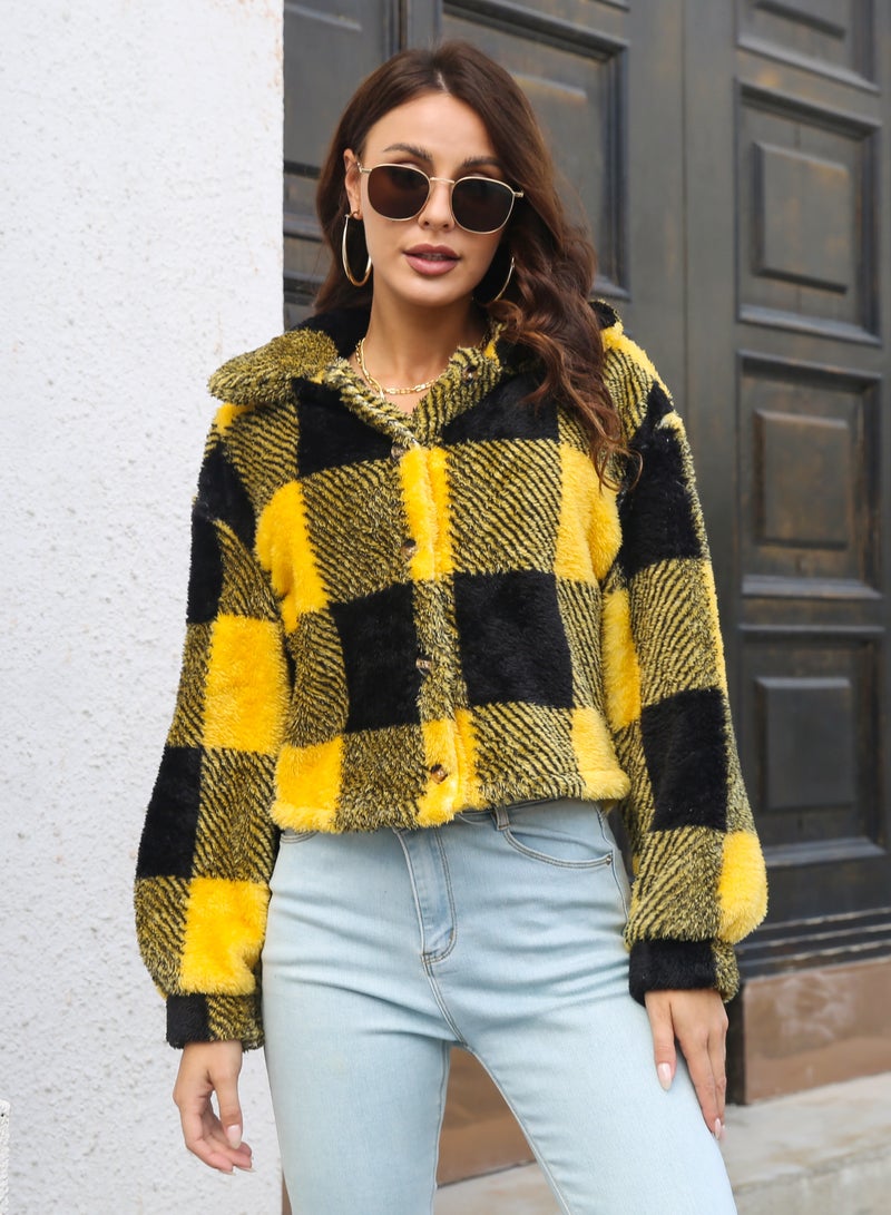 NIBEMINENT Plaid Double Sided Velvet Coat Women's Lantern Sleeve Loose Long Sleeve Coat Jacket  - Image 2