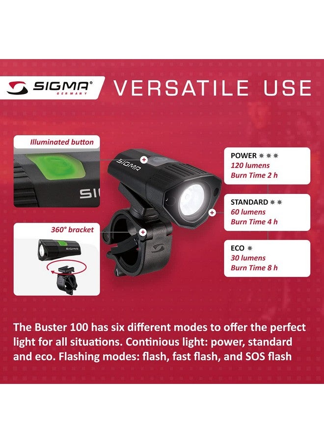 SIGMA Buster 100 Power Helmet Light For Night Rides 120 Lumen 35 M Beam Range Six Light Modes Flexible Mounting 360° Adjustable Bracket Ipx4 - Image 3