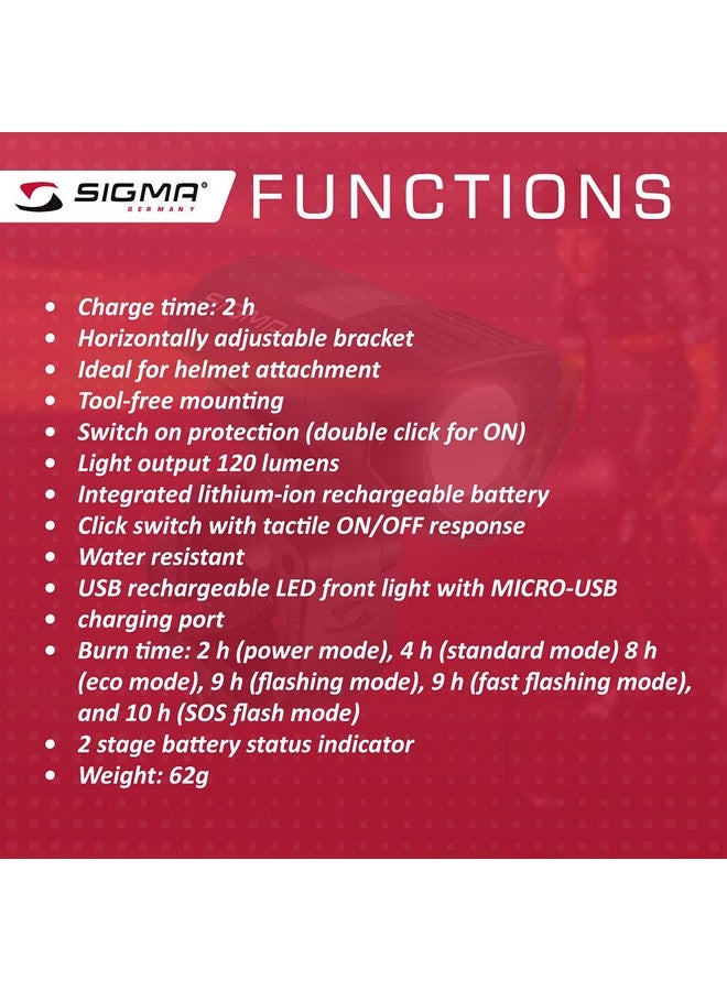 SIGMA Buster 100 Power Helmet Light For Night Rides 120 Lumen 35 M Beam Range Six Light Modes Flexible Mounting 360° Adjustable Bracket Ipx4 - Image 5