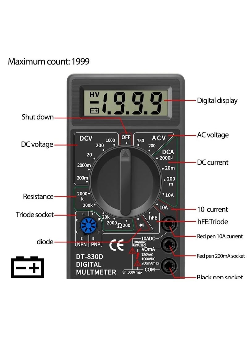 جهاز قياس رقمي صغير DT-830D مزود بجرس – لقياس الجهد والتيار والمقاومة – شاشة LCD واضحة مع اختبار الدايود والترانزستور - Image 3