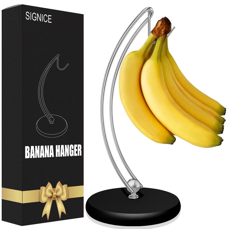 Signice Modern Banana Holder Stand  Patented Tree Hanger with Wood Base Stainless Steel Rack for Home Kitchen Use Doesnt Tip Over BlackSilver