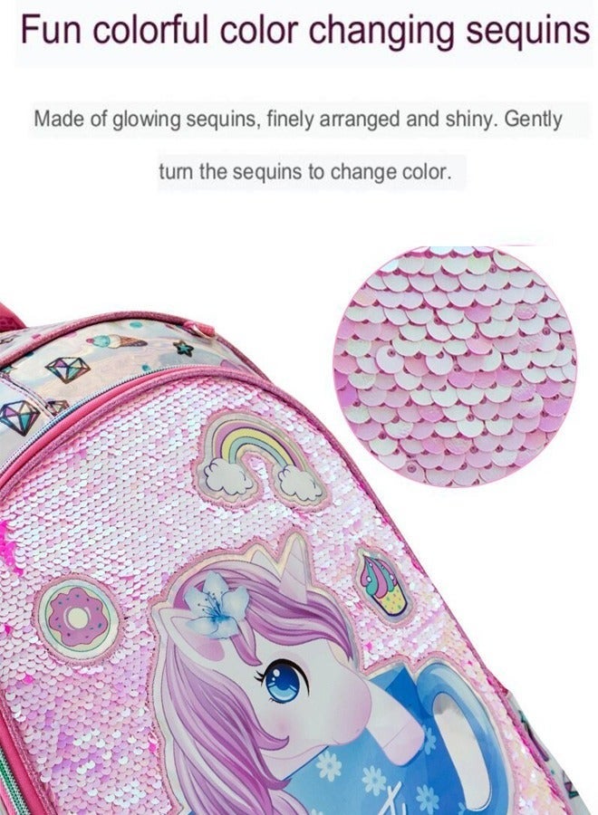 إن كي أكس 3 قطع حقيبة ظهر مدرسية متدحرجة للفتيات، حقيبة مدرسية بعجلات يونيكورن مقاس 40.64 سم لتخفيف العبء على شكل وحيد القرن، مجموعة من ثلاث قطع للأطفال - Image 3