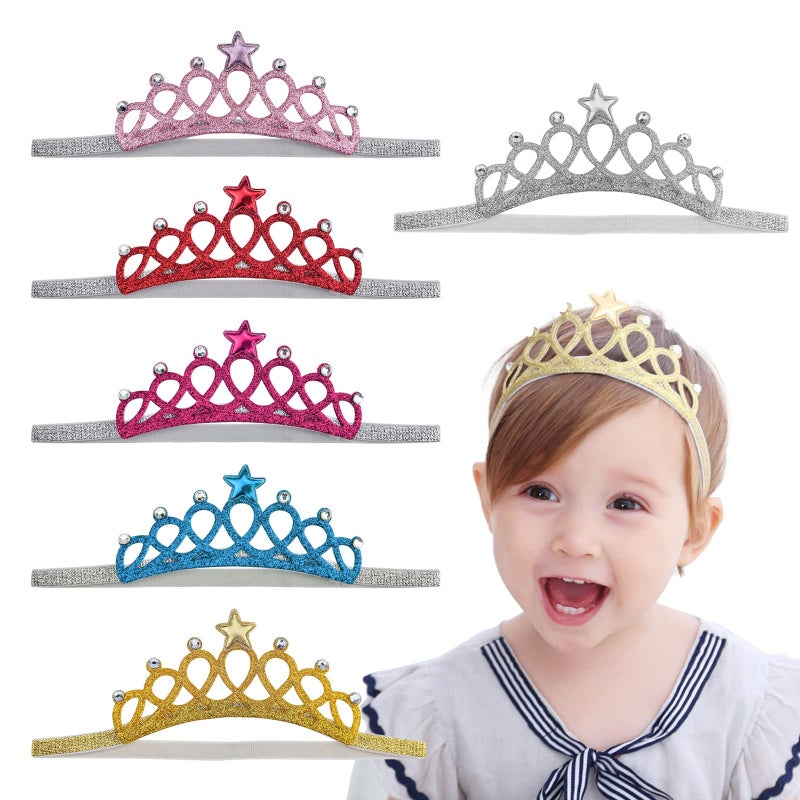 DonLeeving 6 PACK Glitter Tiara Headbands for Girls Elastic Princess Crown Hair Bands for Toddlers