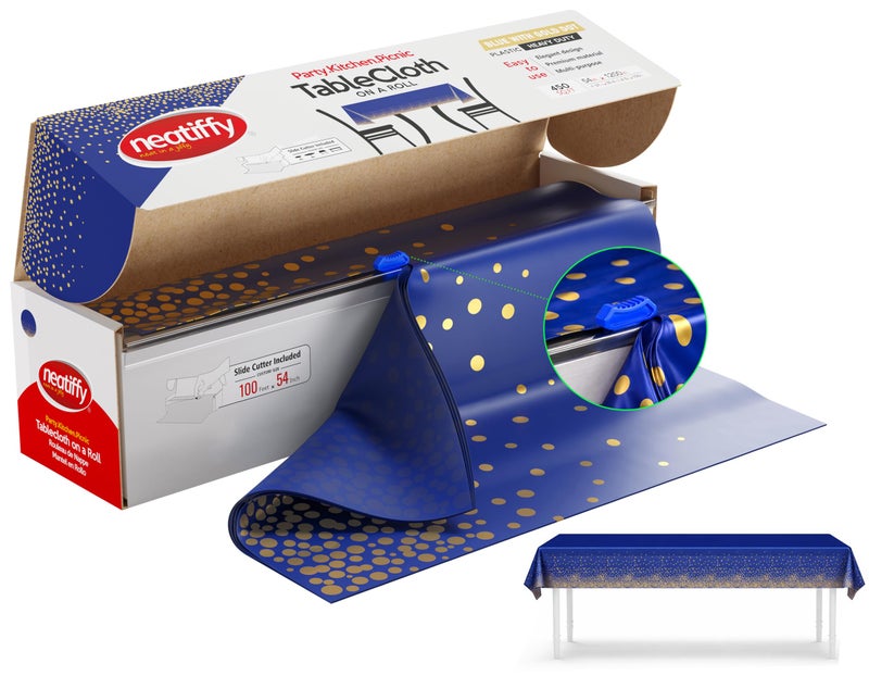 Neatiffy Disposable Plastic Table Cloth Roll with Slide Cutter | Waterproof Cover for Rectangle, Square, Oval Tables | Picnic, Party, Banquet, Birthdays, Weddings - Blue with Gold Dots - Image 1