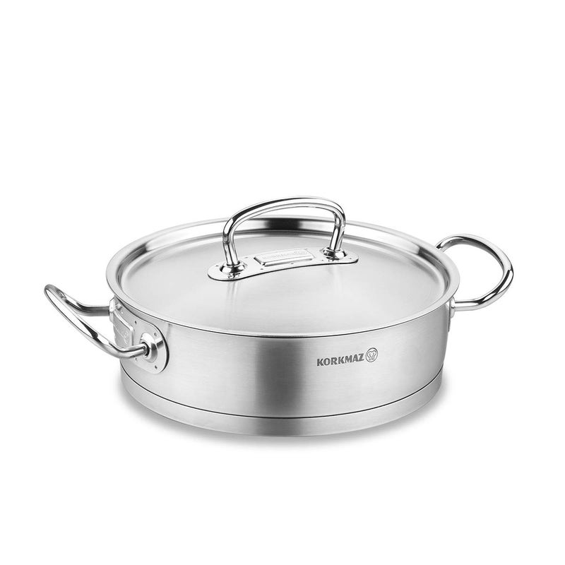 كوكماز برو لاين 45 كوارت وعاء طهي منخفض من الفولاذ المقاوم للصدأ مع غطاء ومقابض فضي a1170