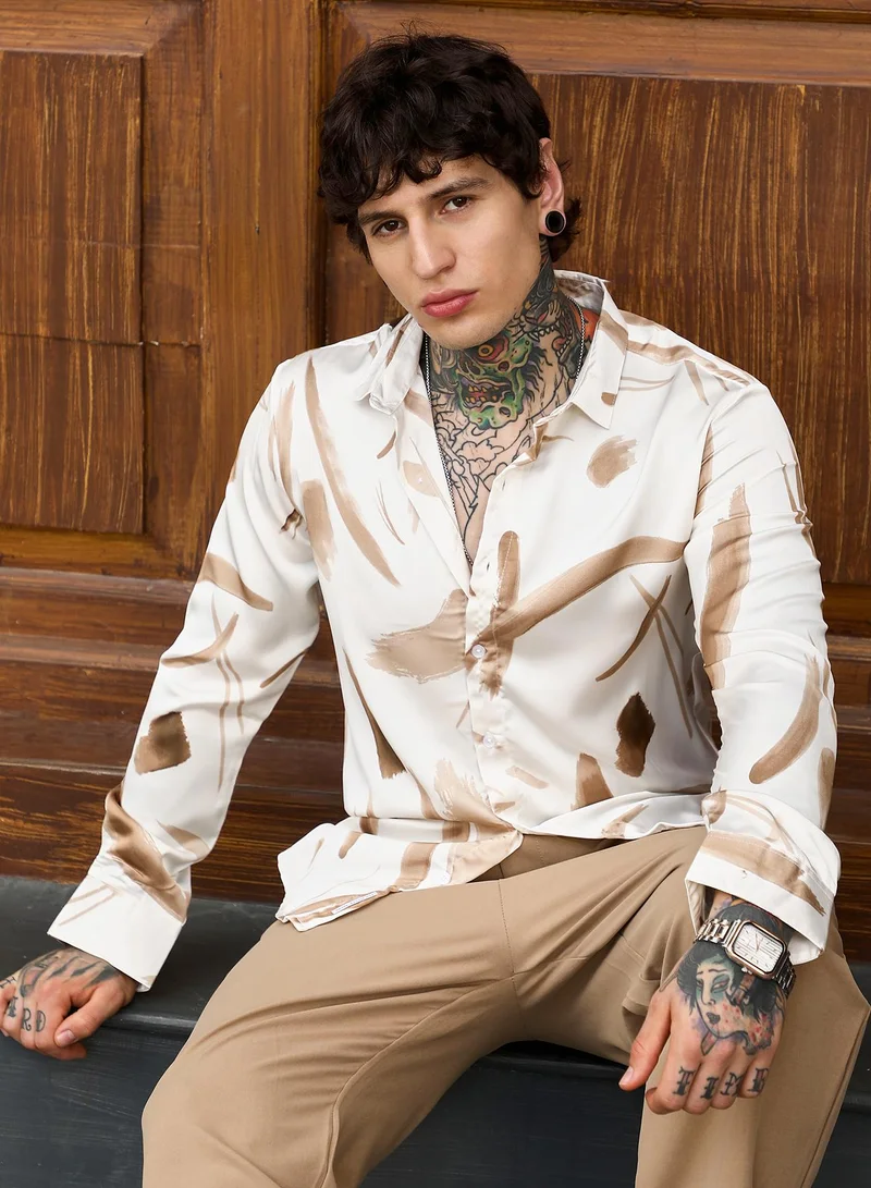 Campus Sutra Campus Sutra Men's Chocolate Brown Contrast-Strokes Imprint Shirt | Spread Collar , Long Cuffed Sleeves , Button Closure , Curved Hem | Abstract Print Plain | Polyester Shirt For Casual Wear