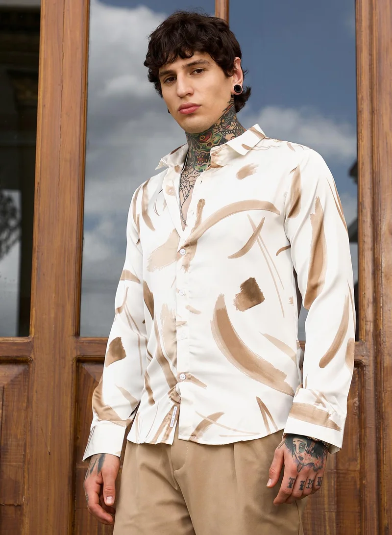 Campus Sutra Campus Sutra Men's Chocolate Brown Contrast-Strokes Imprint Shirt | Spread Collar , Long Cuffed Sleeves , Button Closure , Curved Hem | Abstract Print Plain | Polyester Shirt For Casual Wear