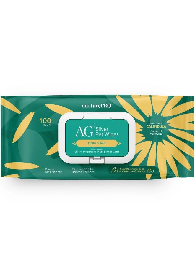 مناديل نورتشر برو للحيوانات الأليفة برائحة الشاي الأخضر، معززة بالفضة والفضة