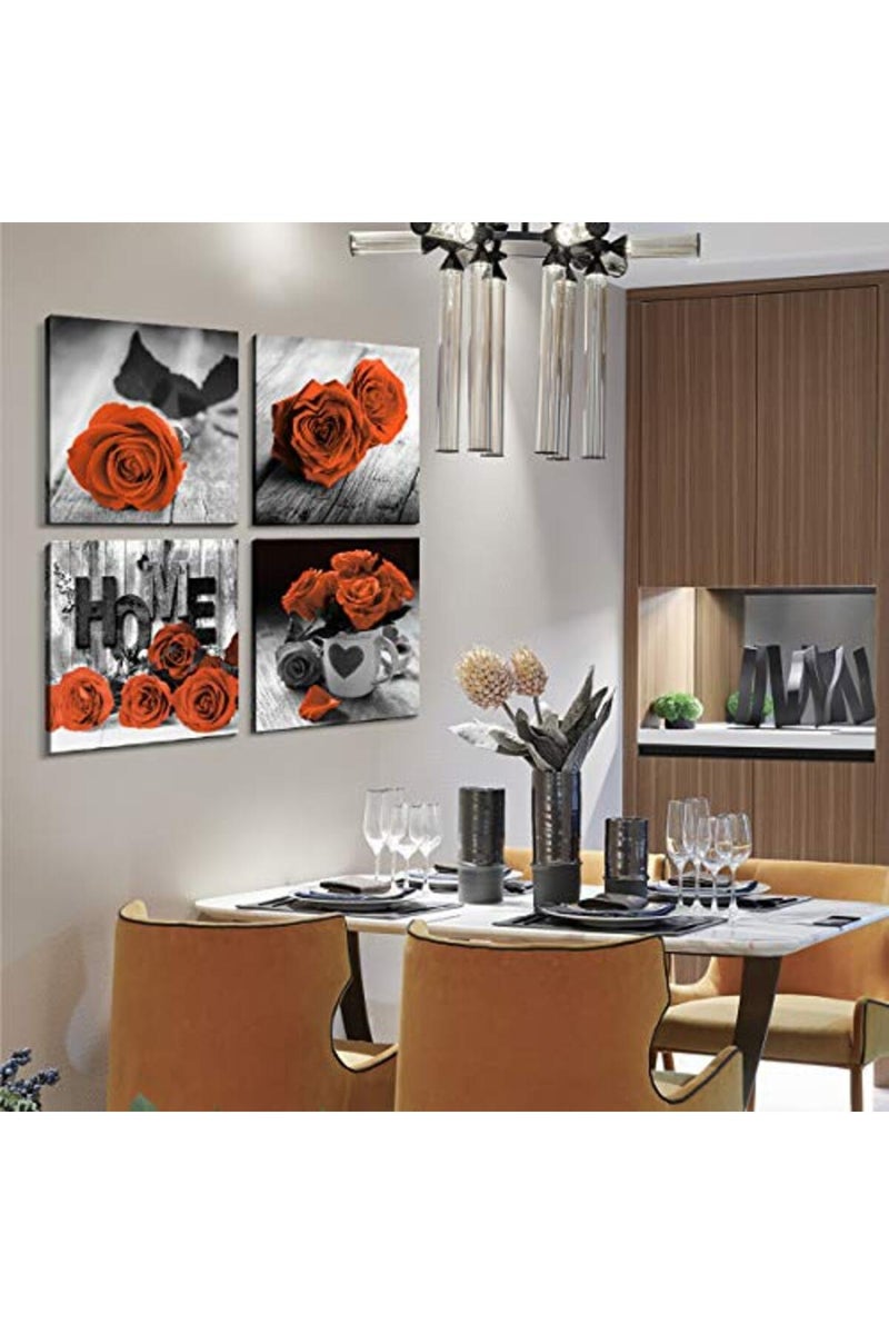 YOOOAHU Black and White Floral Wall Art Bedroom Decor Orange Rose Canvas Prints Rose Flowers Pictures Framed Posters Modern Contemporary Artwork Office Living Room Home Decoration 4 Pieces Sets 16×16 Inch - Image 5