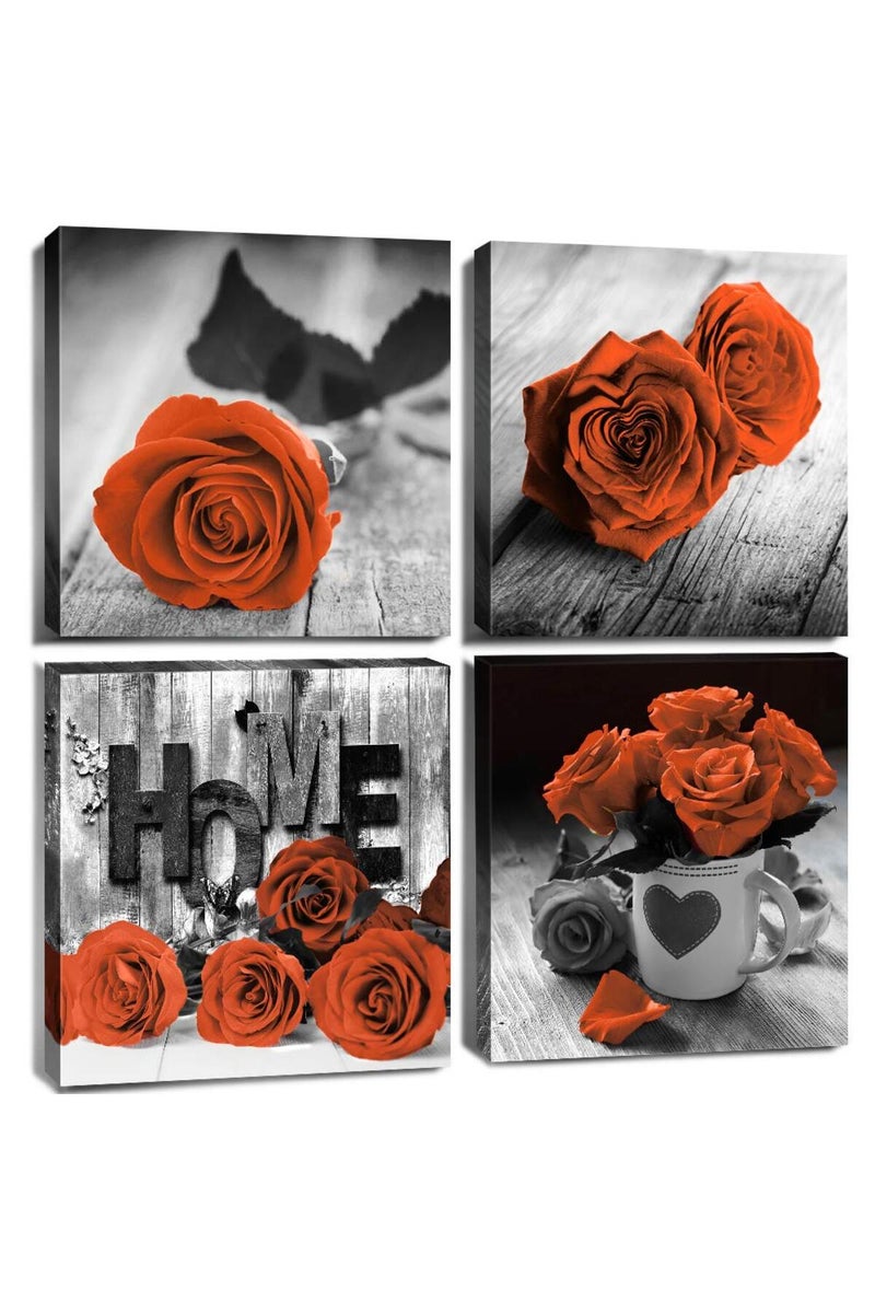 YOOOAHU Black and White Floral Wall Art Bedroom Decor Orange Rose Canvas Prints Rose Flowers Pictures Framed Posters Modern Contemporary Artwork Office Living Room Home Decoration 4 Pieces Sets 16×16 Inch - Image 1