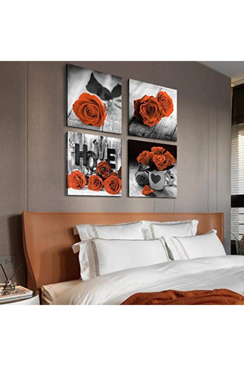 YOOOAHU Black and White Floral Wall Art Bedroom Decor Orange Rose Canvas Prints Rose Flowers Pictures Framed Posters Modern Contemporary Artwork Office Living Room Home Decoration 4 Pieces Sets 16×16 Inch - Image 4