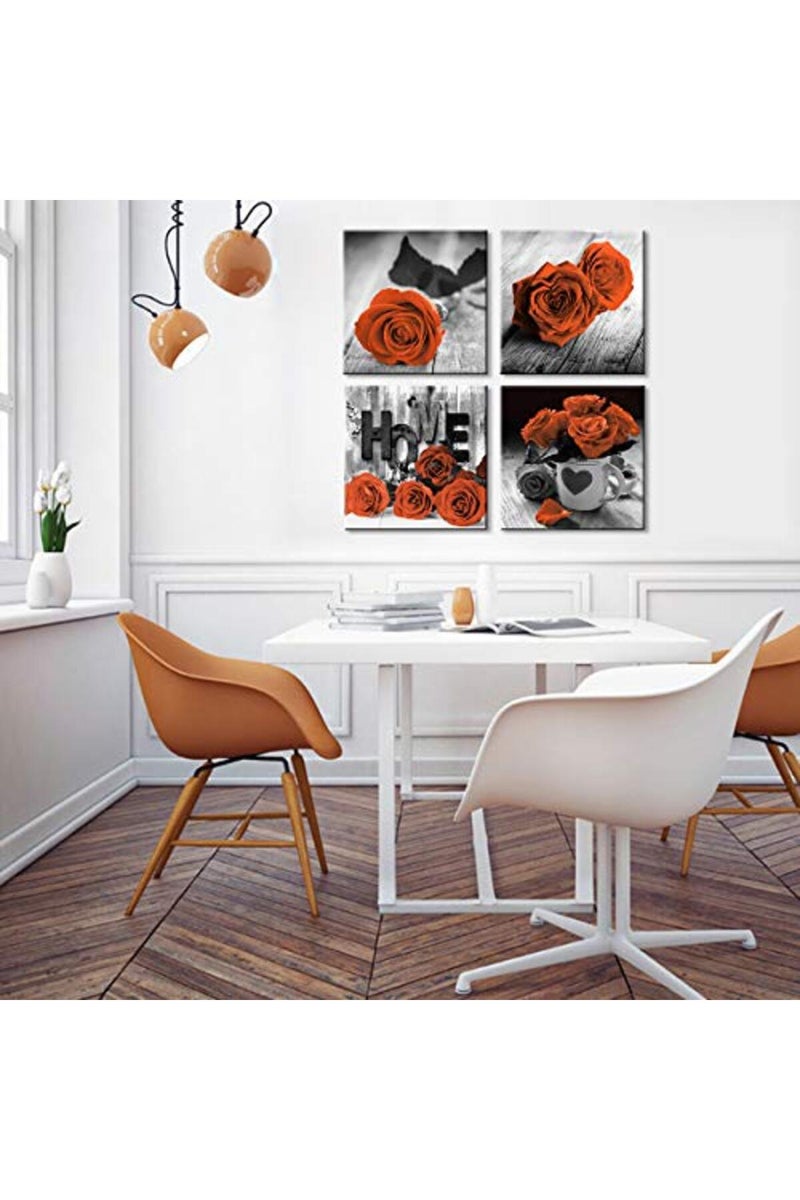 YOOOAHU Black and White Floral Wall Art Bedroom Decor Orange Rose Canvas Prints Rose Flowers Pictures Framed Posters Modern Contemporary Artwork Office Living Room Home Decoration 4 Pieces Sets 16×16 Inch - Image 2