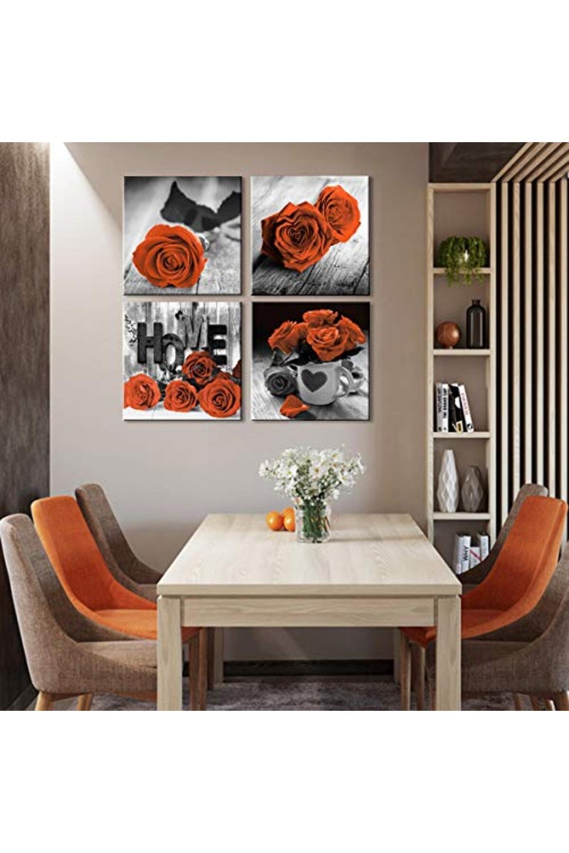YOOOAHU Black and White Floral Wall Art Bedroom Decor Orange Rose Canvas Prints Rose Flowers Pictures Framed Posters Modern Contemporary Artwork Office Living Room Home Decoration 4 Pieces Sets 16×16 Inch - Image 3
