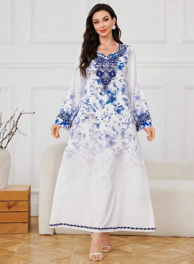 Take Two Floral Print Long Sleeve Maxi Jalabiya