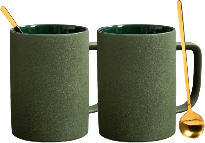 fMBB Coffee Mugs Matte Frosted Porcelain Tea Cup Home Office Restaurant Drinking Cups with Long Small Cute Coffee Spoons Set of 2 2 Mugs 2 Spoons Safe for Microwave  Dishwasher Gift Ideas GreenGold - Image 1
