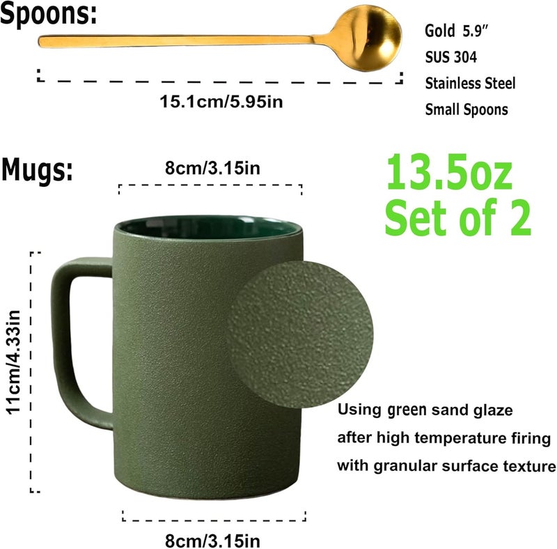 fMBB Coffee Mugs Matte Frosted Porcelain Tea Cup Home Office Restaurant Drinking Cups with Long Small Cute Coffee Spoons Set of 2 2 Mugs 2 Spoons Safe for Microwave  Dishwasher Gift Ideas GreenGold - Image 2