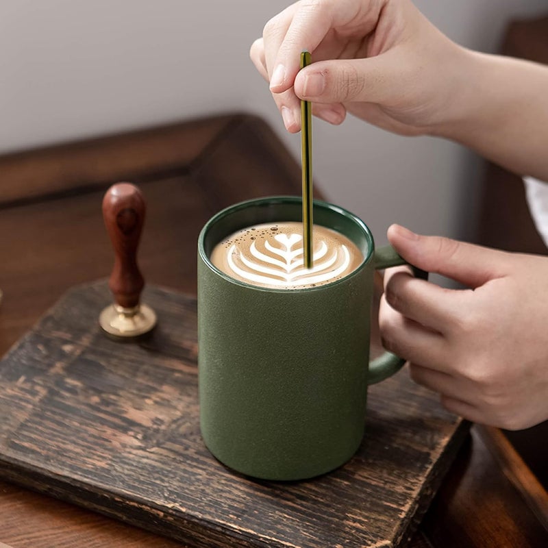 fMBB Coffee Mugs Matte Frosted Porcelain Tea Cup Home Office Restaurant Drinking Cups with Long Small Cute Coffee Spoons Set of 2 2 Mugs 2 Spoons Safe for Microwave  Dishwasher Gift Ideas GreenGold - Image 4