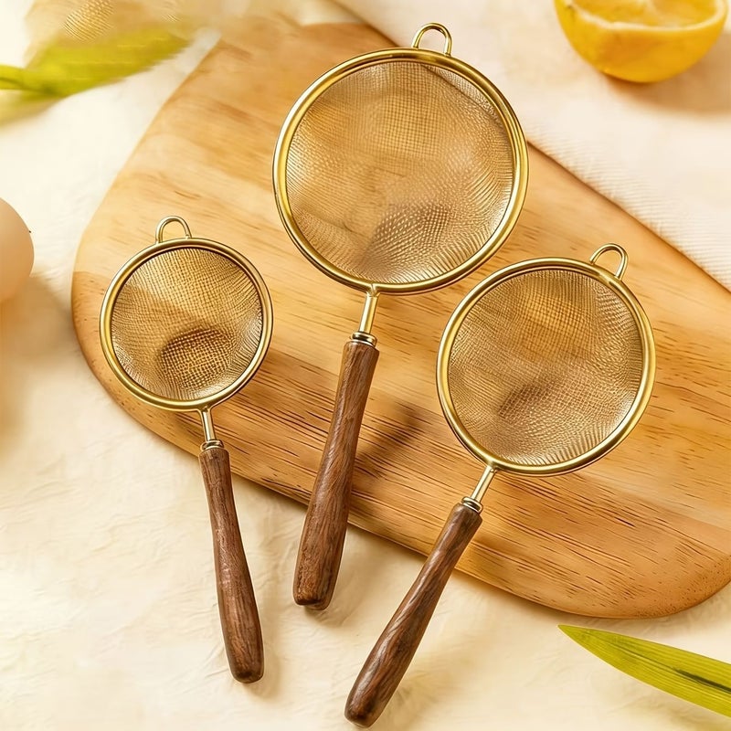 Silvery Large Wooden Handle Slotted Spoon Kitchen Strainer Fine Mesh Skimmer for Soy Milk Foam and Oil Sediment - Image 1
