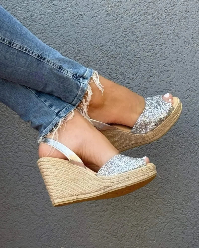 SHOEQ Silver Glitter Roxy Espadrille Wedge for Women | Best Price UAE