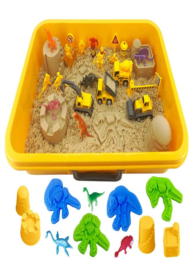 INvench Construction Dinosaur Play Sand Set - 38 Pieces Sensory Bin Sand Kit Include 2 lbs Magic Sand, Construction Vehicle, Dinsoaur Figures, Dinosaur & Castle Molds for 3 4 5 Year Old Toddlers Kids - Image 1