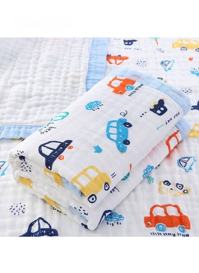 Riolio 6-Layer Cotton Blanket - Cute Baby Blanket, 110x110cm Soft Cotton Swaddle Blanket, Multi-Use as Bath Towel, Newborn Blanket, Unisex (Blue Car Design)  - Image 1