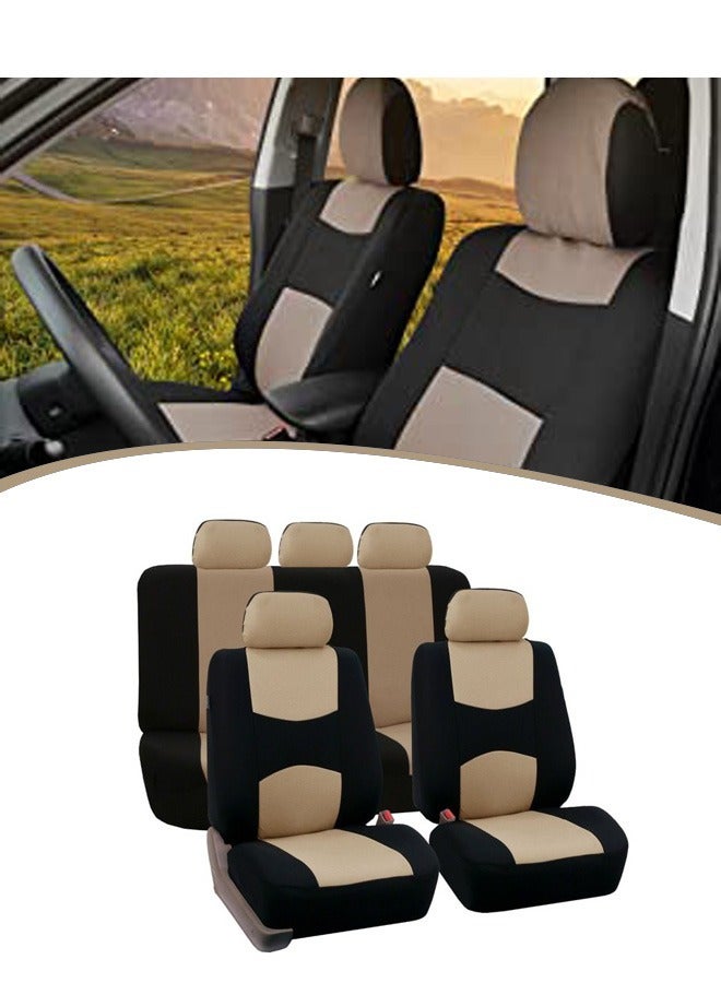 Group Flat Cloth Seat Covers Front Seat and Solid Rear Bench Full Set with Gift - Universal Fit for Cars, Trucks & SUVs (Beige/Black) - Image 1