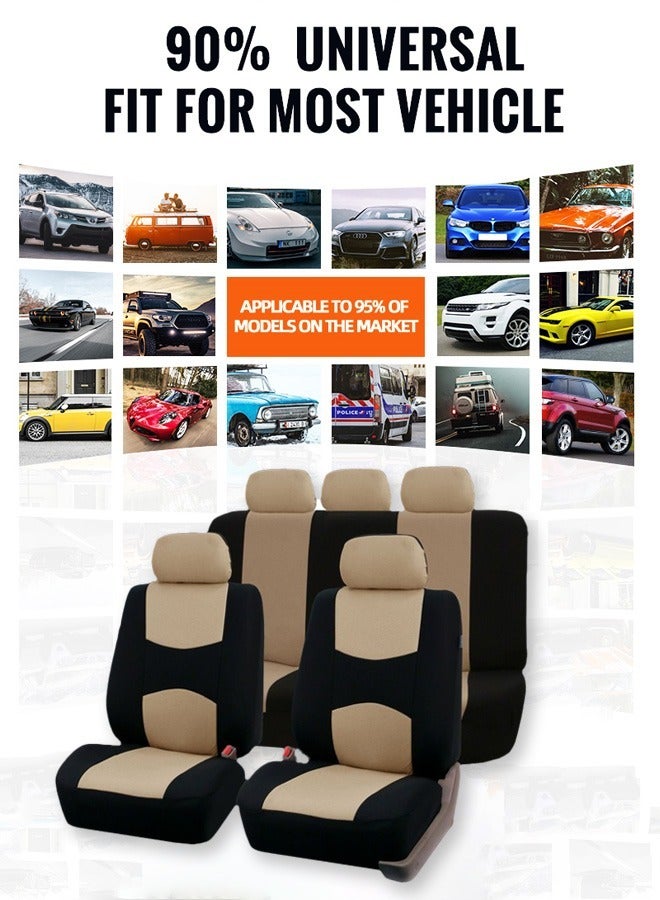 Group Flat Cloth Seat Covers Front Seat and Solid Rear Bench Full Set with Gift - Universal Fit for Cars, Trucks & SUVs (Beige/Black) - Image 3