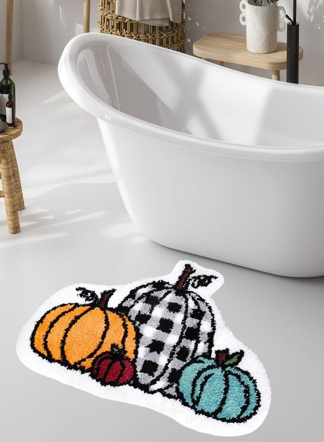 Whaline Fall Pumpkin Bath Rug Plaid Pumpkin Tufted Bath Mat Non Slip Bathroom Shower Rugs Front Door Mat Carpet Floor Rug for Autumn Thanksgiving Kitchen Bedroom Porch Entryway - Image 1