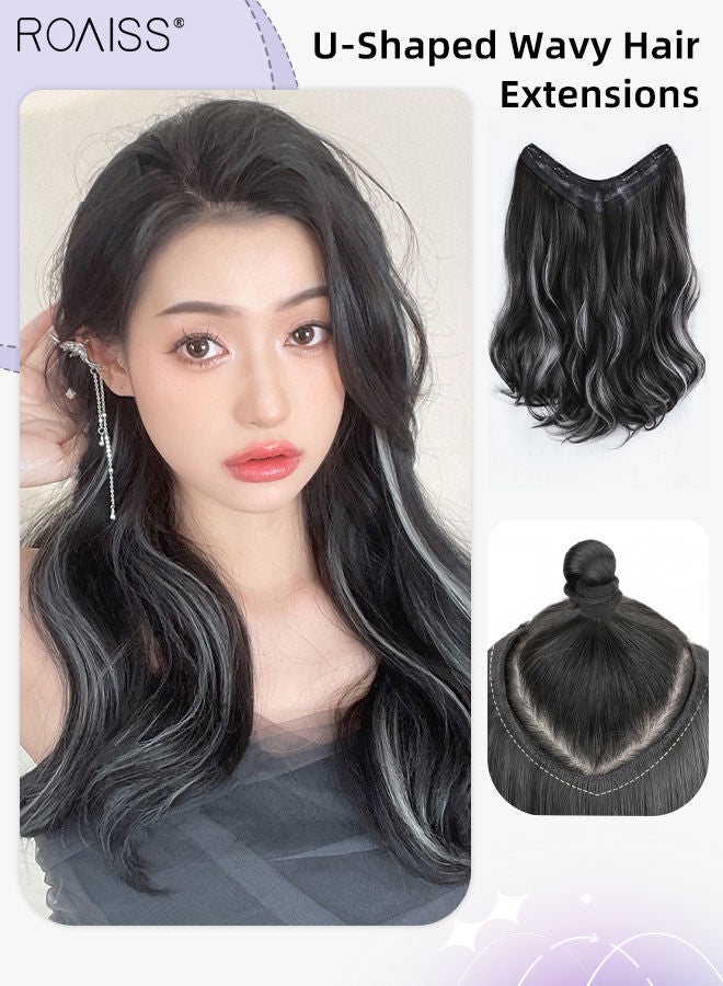 رويس وصلة إطالة شعر مموجة على شكل حرف U، وصلات شعر من قطعة واحدة مع 4 مشابك، قطعة شعر صناعية مقاومة للحرارة مع لمحات رمادية بيضاء للنساء والفتيات، 50 سم (20 بوصة)، أسود - Image 1