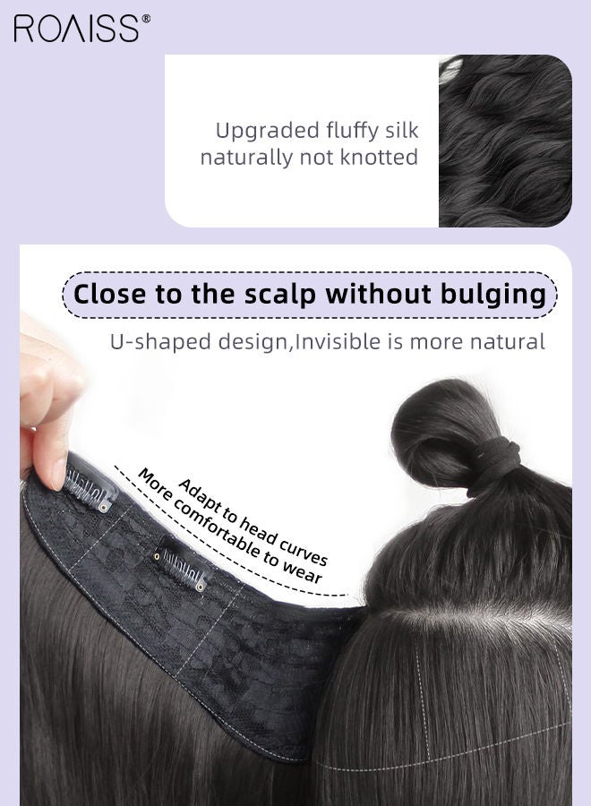 رويس وصلة إطالة شعر مموجة على شكل حرف U، وصلات شعر من قطعة واحدة مع 4 مشابك، قطعة شعر صناعية مقاومة للحرارة مع لمحات رمادية بيضاء للنساء والفتيات، 50 سم (20 بوصة)، أسود - Image 4