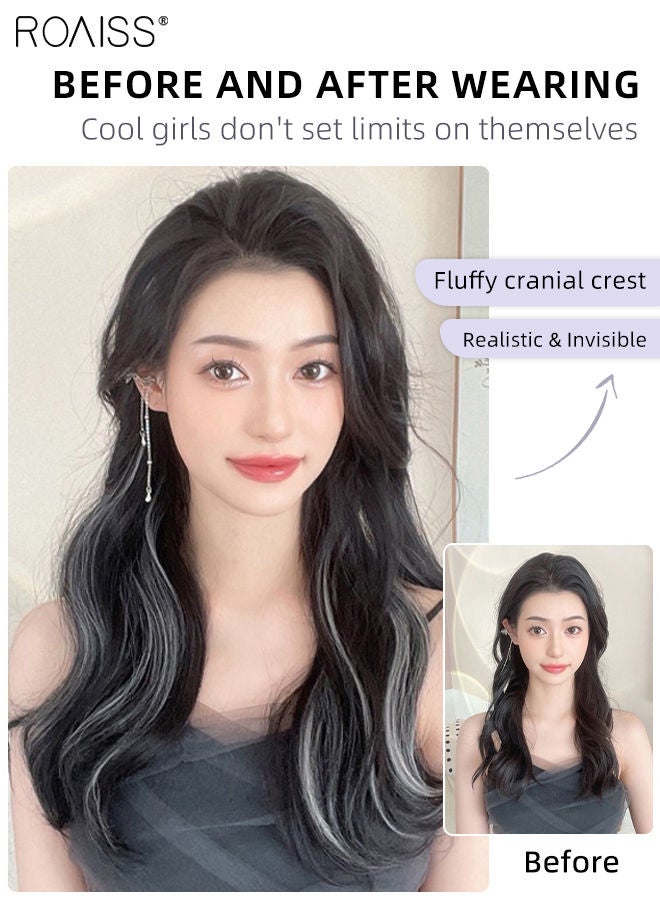رويس وصلة إطالة شعر مموجة على شكل حرف U، وصلات شعر من قطعة واحدة مع 4 مشابك، قطعة شعر صناعية مقاومة للحرارة مع لمحات رمادية بيضاء للنساء والفتيات، 50 سم (20 بوصة)، أسود - Image 2