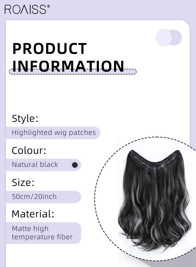 رويس وصلة إطالة شعر مموجة على شكل حرف U، وصلات شعر من قطعة واحدة مع 4 مشابك، قطعة شعر صناعية مقاومة للحرارة مع لمحات رمادية بيضاء للنساء والفتيات، 50 سم (20 بوصة)، أسود - Image 3