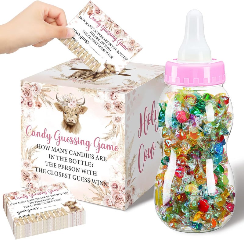 Glenmal 52 Pcs Baby Shower Games Gift Sets Large Baby Bottle for Shower Game Guess How Many Candies Decorations for Gender Reveal (Highland Cattle) - Image 1