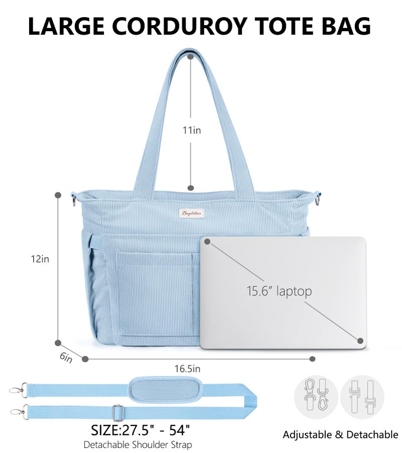 Bagstellar Corduroy Tote Bag for Women, 17 Pockets Laptop Work Tote Bag Lightweight Teacher Nurse Bible Bag for School Travel - Image 2