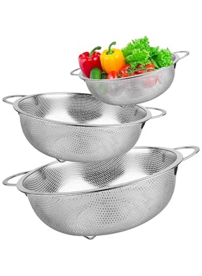 3 قطع - طقم مصافي بفتحات دقيقة  ستانلس ستيل غير قابل للصدا - 3 احجام 11 انش و 8.8 انش و 6.6 انش - صفاية للفواكه والخضار -  مصنوع من الستانلس ستيل لغسل وشطف وتصفية الفاكهة والمعكرونة، شديدة التحمل وامنة للاستخدام في غسالة الاطباق، 3 قطع مقاسات 1/3/5 كوارت - مصفى ممتازه - صفاية خضار - مصفاة مطبخ 3 قطع من مصفاه ستانلس ستيل مع مقبض، مجموعة مصفاة كبيرة مثقبة دقيقة لتصريف المعكرونة والخضروات والفواكه والارز، امنة للاستخدام في غسالة الصحون، قطر 20 23 29 - Image 1