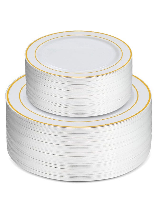 HomarKet 50Pcs Plastic Party Plates White Gold Rim, 25 Premium Heavy Duty 10.25 Inch Dinner Plates and 25 Disposable 7.5 Inch Dessert Appetizer Elegant Fancy Heavy Duty Wedding Plates - Image 1