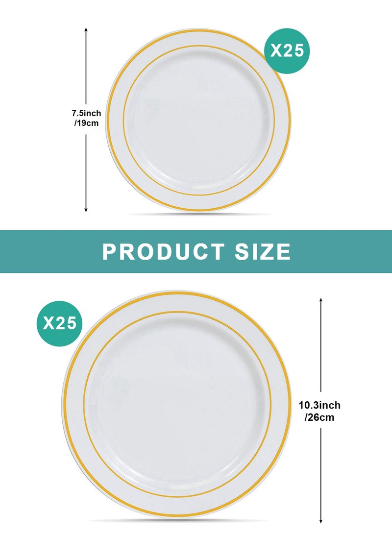 HomarKet 50Pcs Plastic Party Plates White Gold Rim, 25 Premium Heavy Duty 10.25 Inch Dinner Plates and 25 Disposable 7.5 Inch Dessert Appetizer Elegant Fancy Heavy Duty Wedding Plates - Image 2