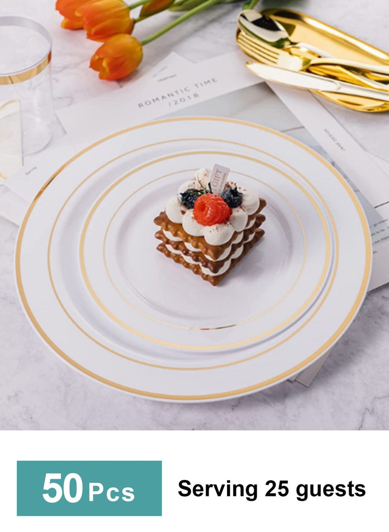 HomarKet 50Pcs Plastic Party Plates White Gold Rim, 25 Premium Heavy Duty 10.25 Inch Dinner Plates and 25 Disposable 7.5 Inch Dessert Appetizer Elegant Fancy Heavy Duty Wedding Plates - Image 4