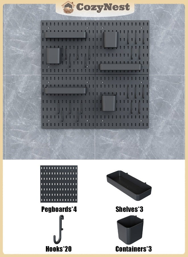 كوزينيست طقم منظم حائط بسطح مثقب مكون من 4 قطع باللون الأسود، رف تخزين وعرض جداري، تصميم معياري للتعليق على الحائط، منظم جداري للتزيين المنزلي والمكتبي، منظم جداري للمنزل والمكتب - Image 1