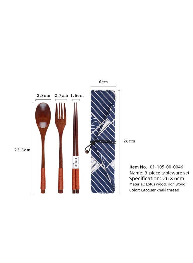 Yfjy Special Season Japanese Wooden Chopsticks Spoon Fork Portable One-person Spoon Fork Chopsticks Picnic Three-piece Cloth Bag-Specifications:(Lotus) 22.5 Spoon, Fork, Chopsticks, Big Lacquered Black Line + Square  - Image 5