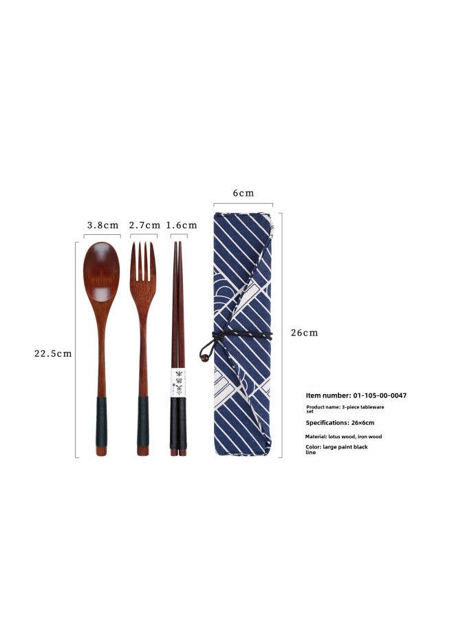 Yfjy Special Season Japanese Wooden Chopsticks Spoon Fork Portable One-person Spoon Fork Chopsticks Picnic Three-piece Cloth Bag-Specifications:(Lotus) 22.5 Spoon, Fork, Chopsticks, Big Lacquered Black Line + Square  - Image 1