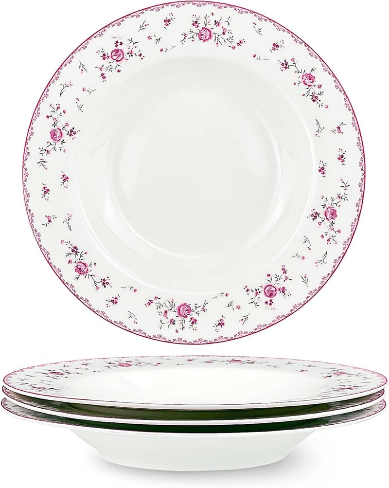fanquare 8 Inch Porcelain Soup Bowls Set of 4 Round Pasta Plates Set for Salad Dessert Snack Pink Roses - Image 1