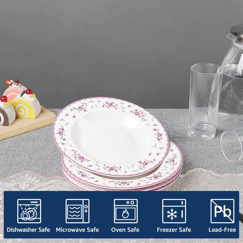 fanquare 8 Inch Porcelain Soup Bowls Set of 4 Round Pasta Plates Set for Salad Dessert Snack Pink Roses - Image 2