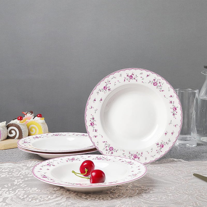 fanquare 8 Inch Porcelain Soup Bowls Set of 4 Round Pasta Plates Set for Salad Dessert Snack Pink Roses - Image 5