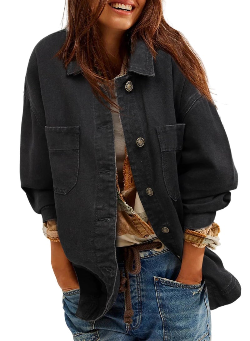 Sidefeel Women's Jean Jacket Oversized Boyfriend Button Up Long Sleeve Denim Jackets Black Medium - Image 1
